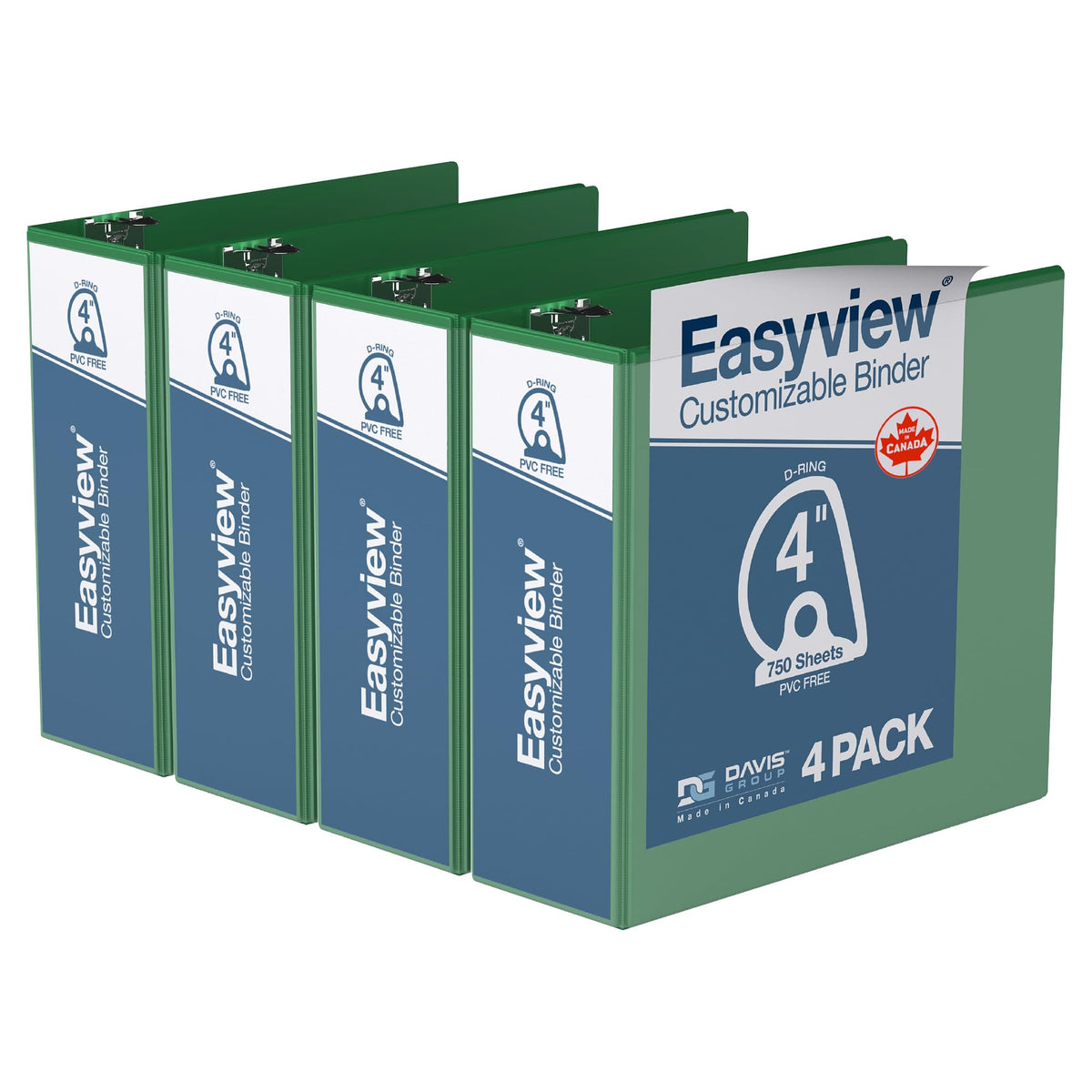 Easyview 3-Ring Binder, Clear-View Cover, 4" D Rings, Green, 4 Pack
