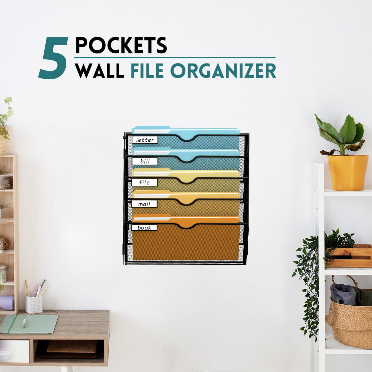 SUPEASY 5 Tier Wall File Organizer, Hanging Wall Mounted Mail Organizer with Label Slots, Metal