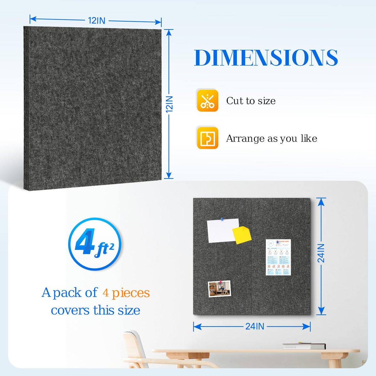 DOLLAR BOSS Felt Cork Board Tiles, 4 Packs 12" x 12" 1/2" Thick Cork Bulletin Board Self Adhesive