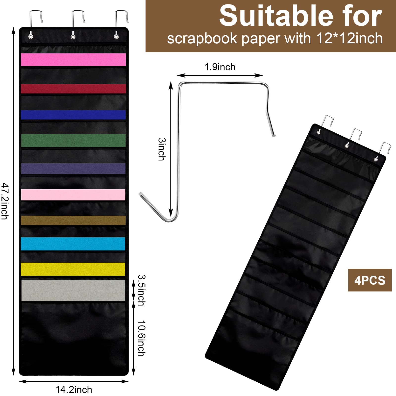 Henoyso 4 Pcs Hanging Wall File Storage 10 Pocket Paper Organizer, Black