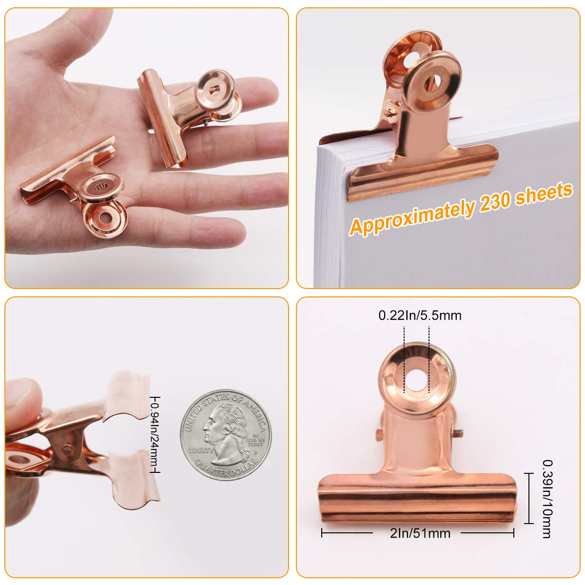 Coideal Bulldog Paper Clips Rose Gold, 20 Pcs 2 Inch Large Metal Binder Hinge Clip for Office, Food