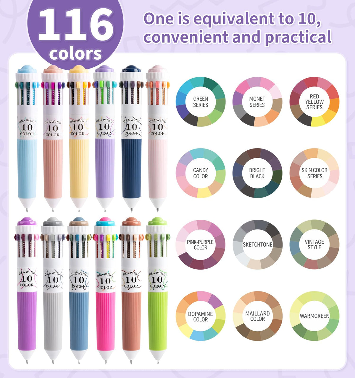 Joyask 12 Pack Multicolor Pens, 10-in-1 Colored Ballpoint Pen, 116 Colors
