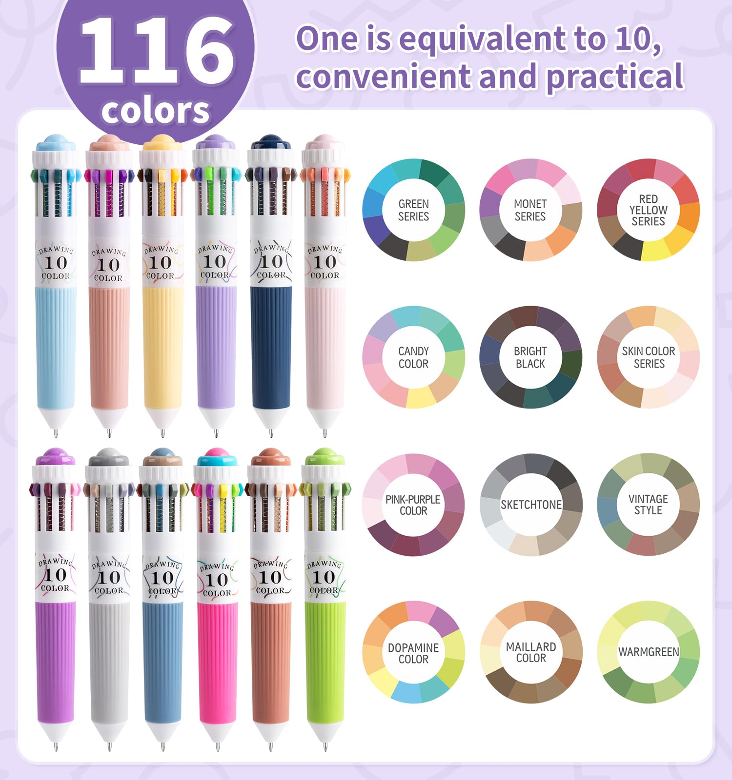 Joyask 12 Pack Multicolor Pens, 10-in-1 Colored Ballpoint Pen, 116 Colors