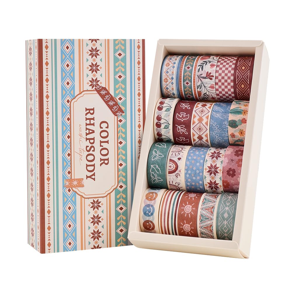 icceemee 20 Rolls Bohemia Theme Washi Tape Set,Writable Decorative Tapes for Scrapbooking, Junk
