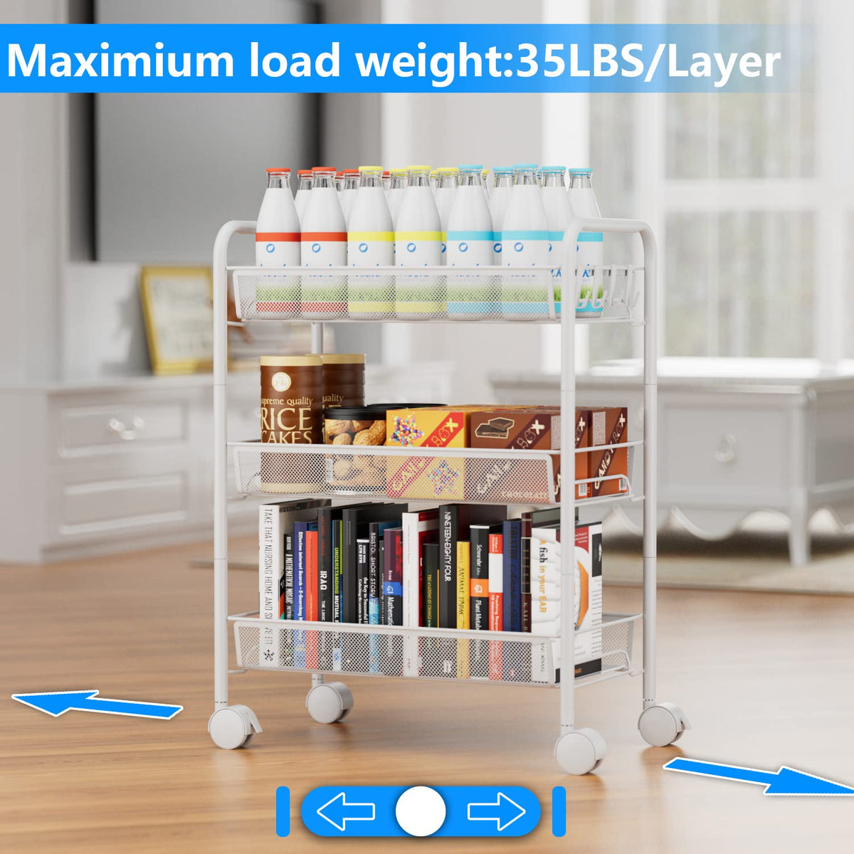 3-Tier Mesh Rolling Cart - 24.8" H Fits Under Desk Metal Cart with Wheel