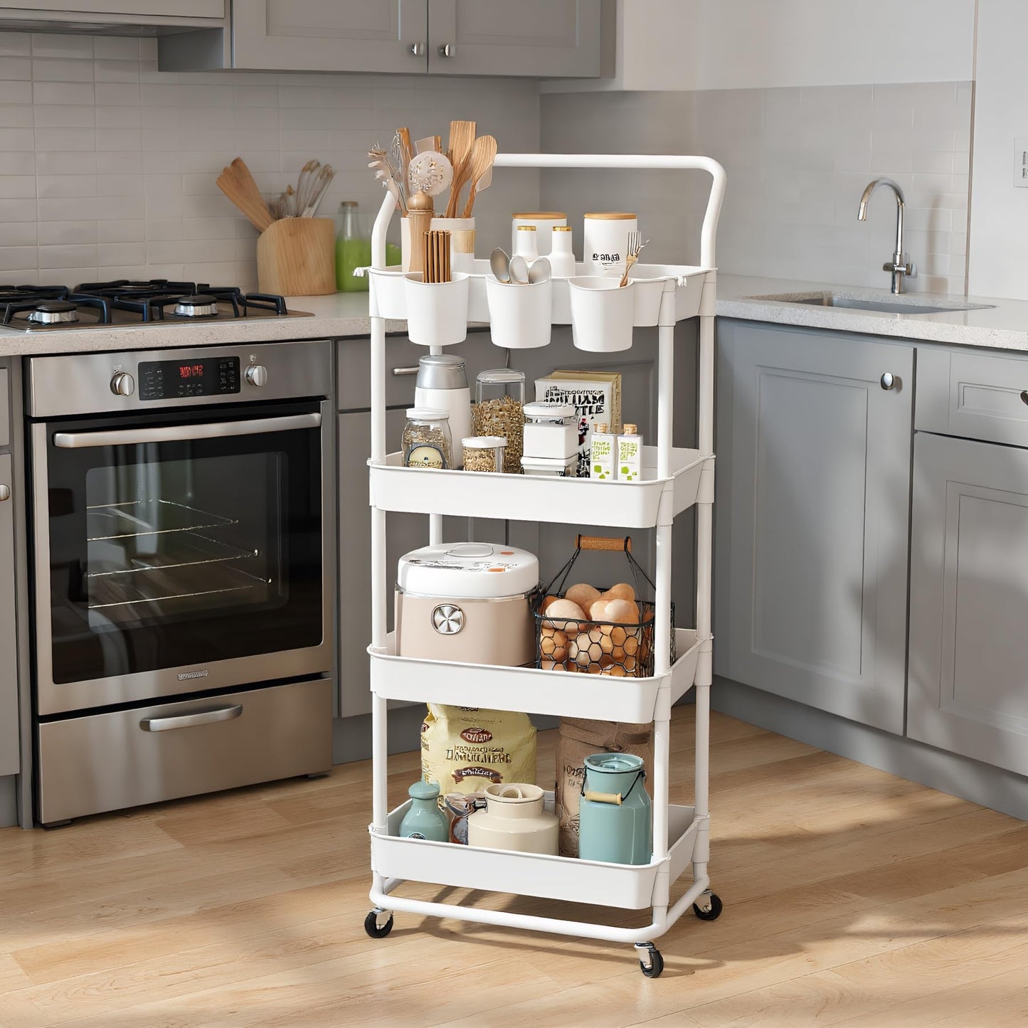 Buzowruil 4-Tier Rolling Utility Cart, Storage Cart with Handle Multi-Purpose and Locking