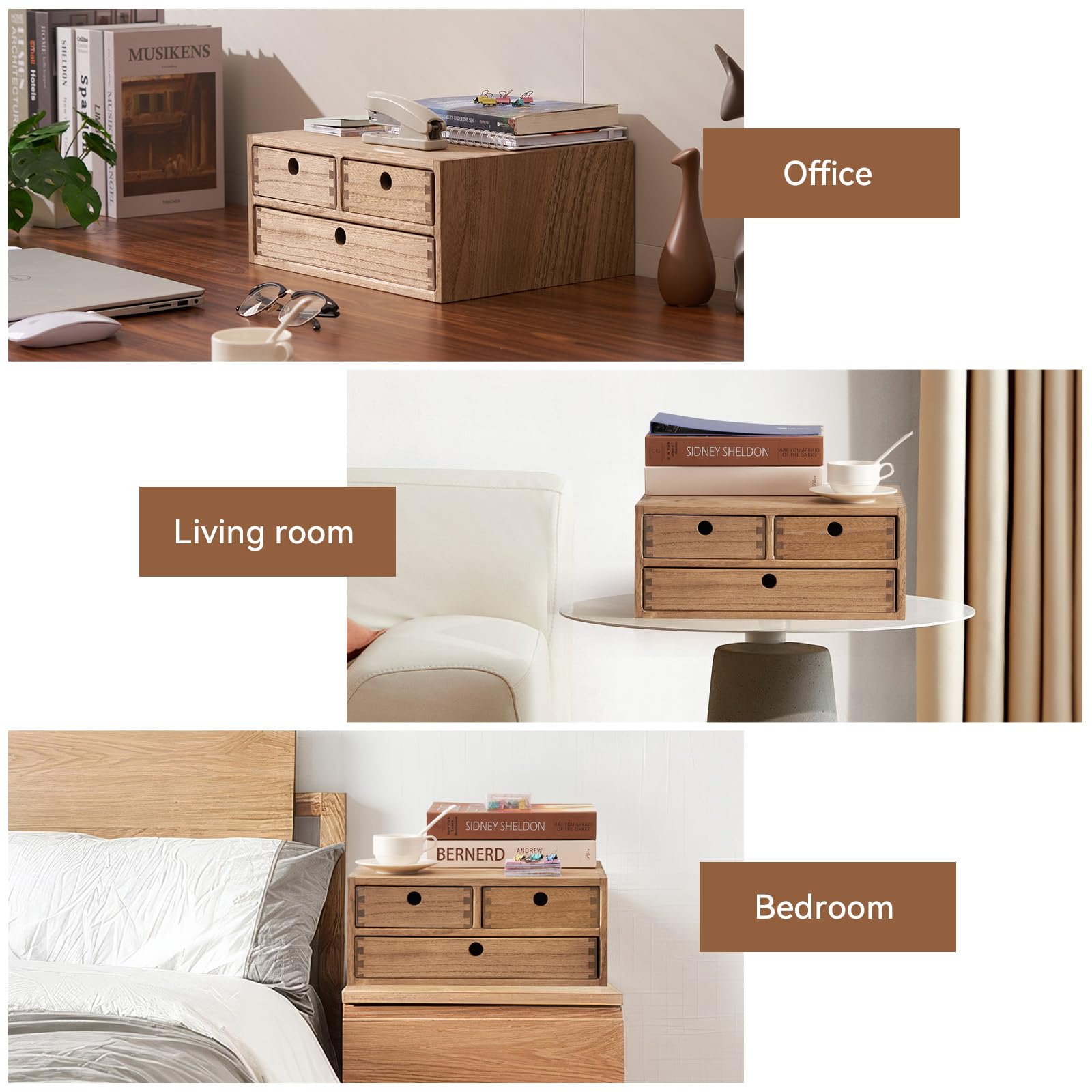 KIRIGEN Wood Desk Organizer with 3 Drawers, Desktop Storage Brown 23-DBR