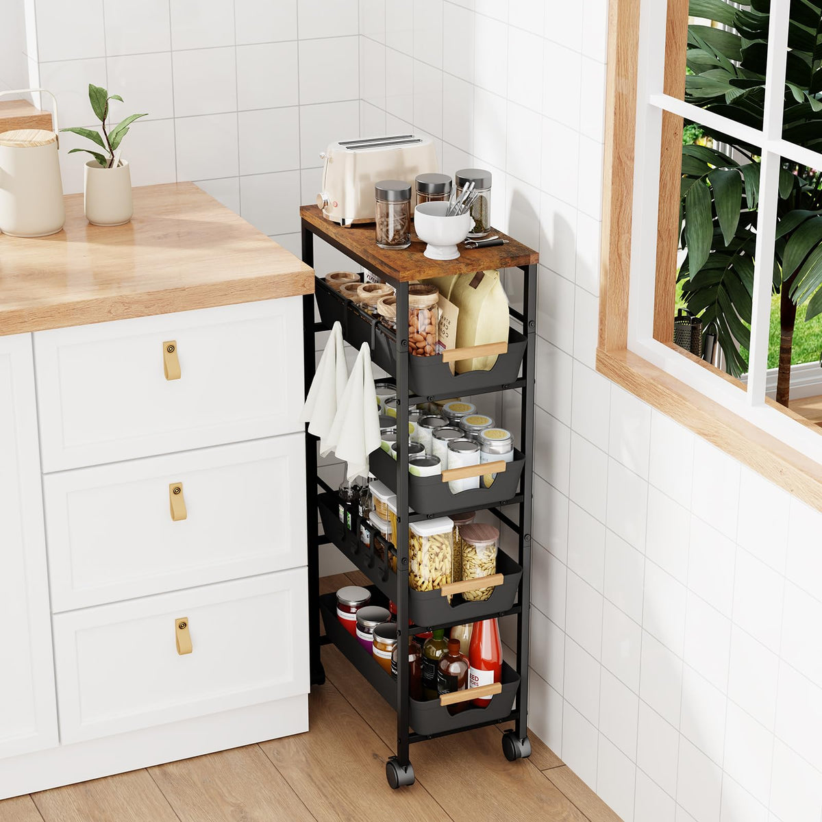 Landmok 5-Tier Slim Storage Cart, Wooden Top Rolling Kitchen Cart with Pull-Out Baskets & Wheels