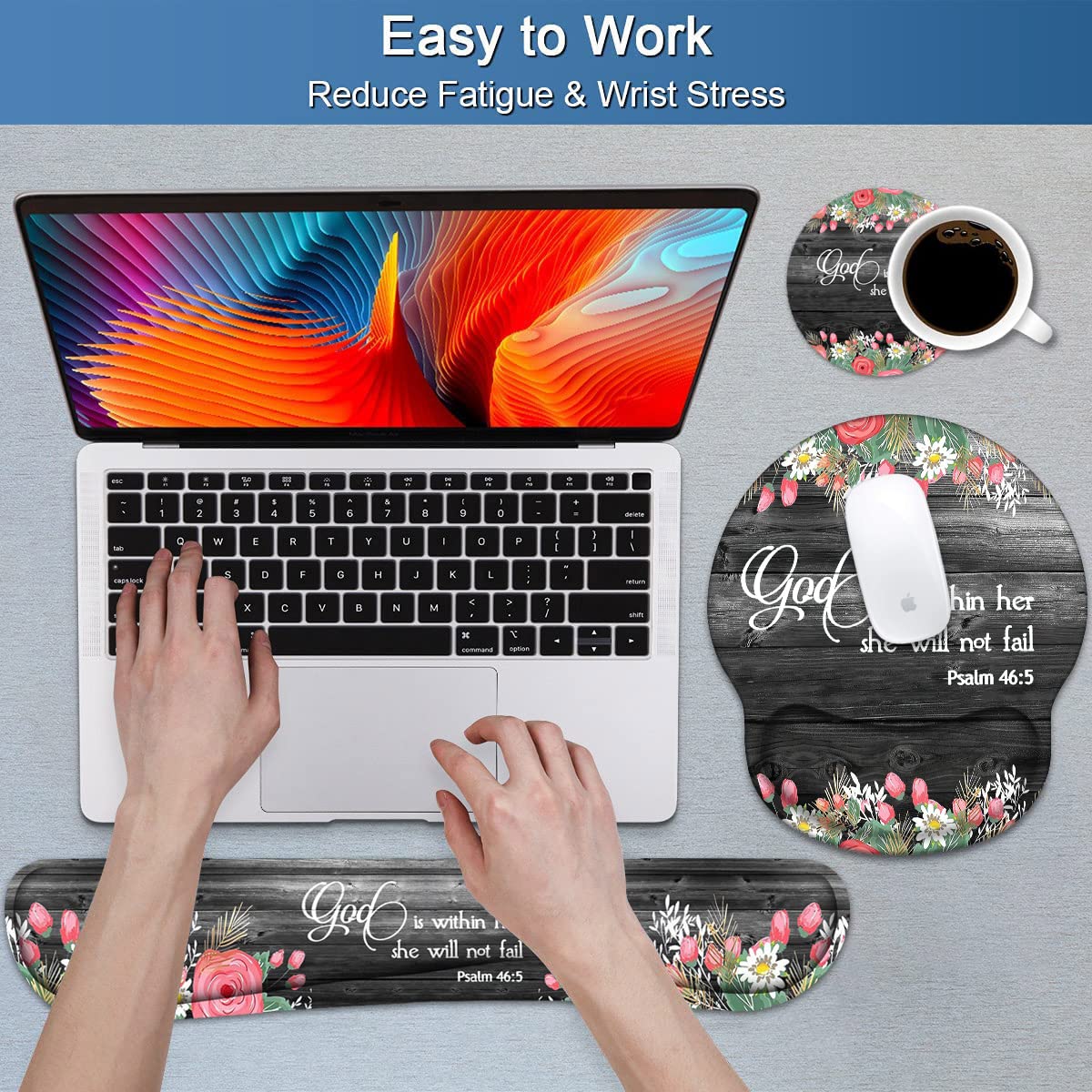 Keyboard Wrist Rest and Mouse Pad Wrist Support Set with Coasters, Ergonomic Gaming Mousepad for
