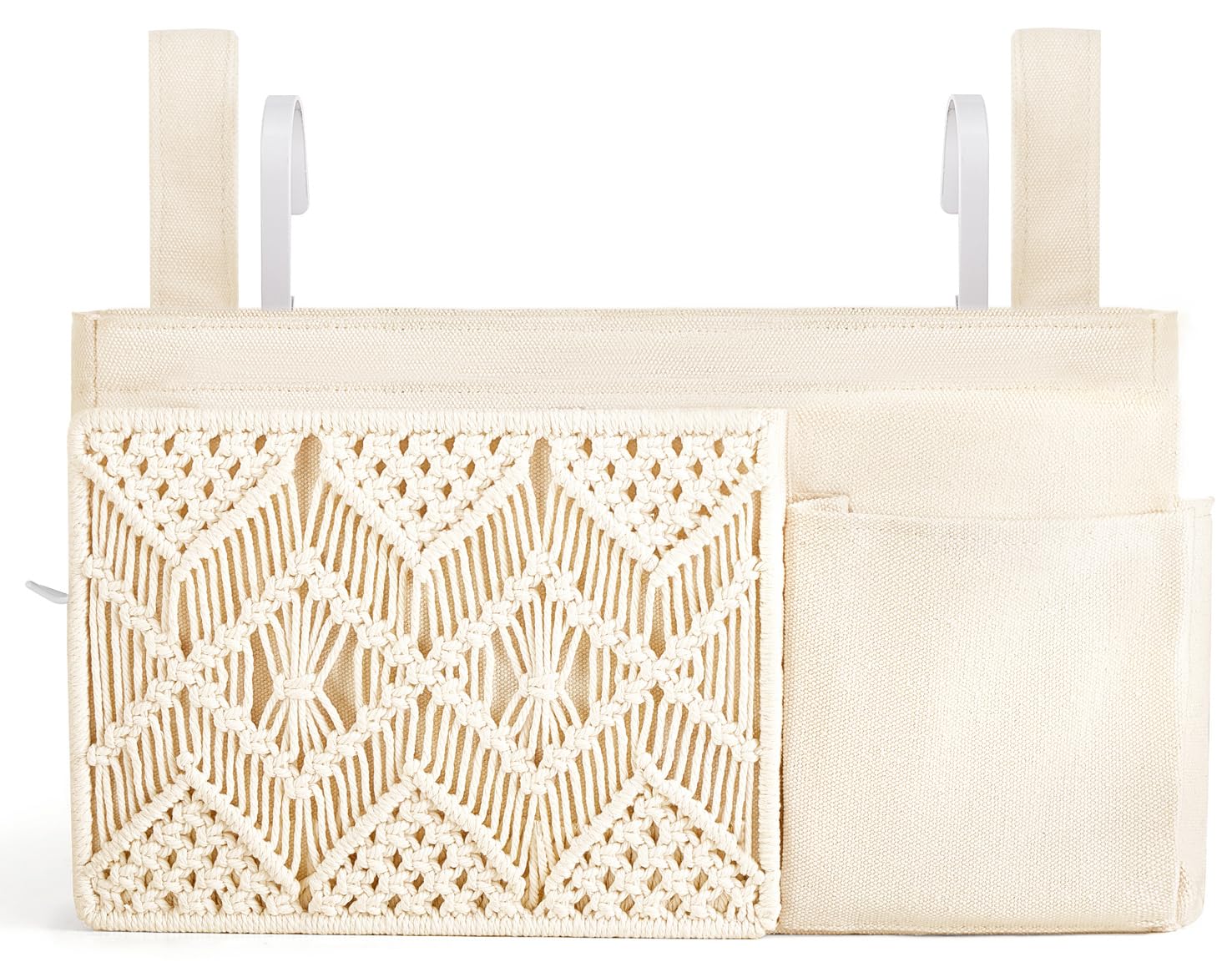 Mkono Bedside Caddy, Macrame Hanging Organizer, 4 Pockets Ivory Metal Hooks