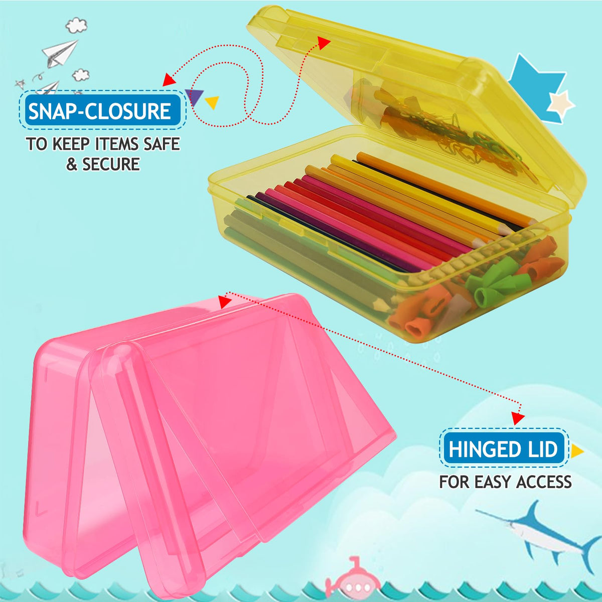 SFLHHDM Large Pen Boxes, Double Layer Capacity Pencil Holder, Clear Hard Pen Case with Snap-tight