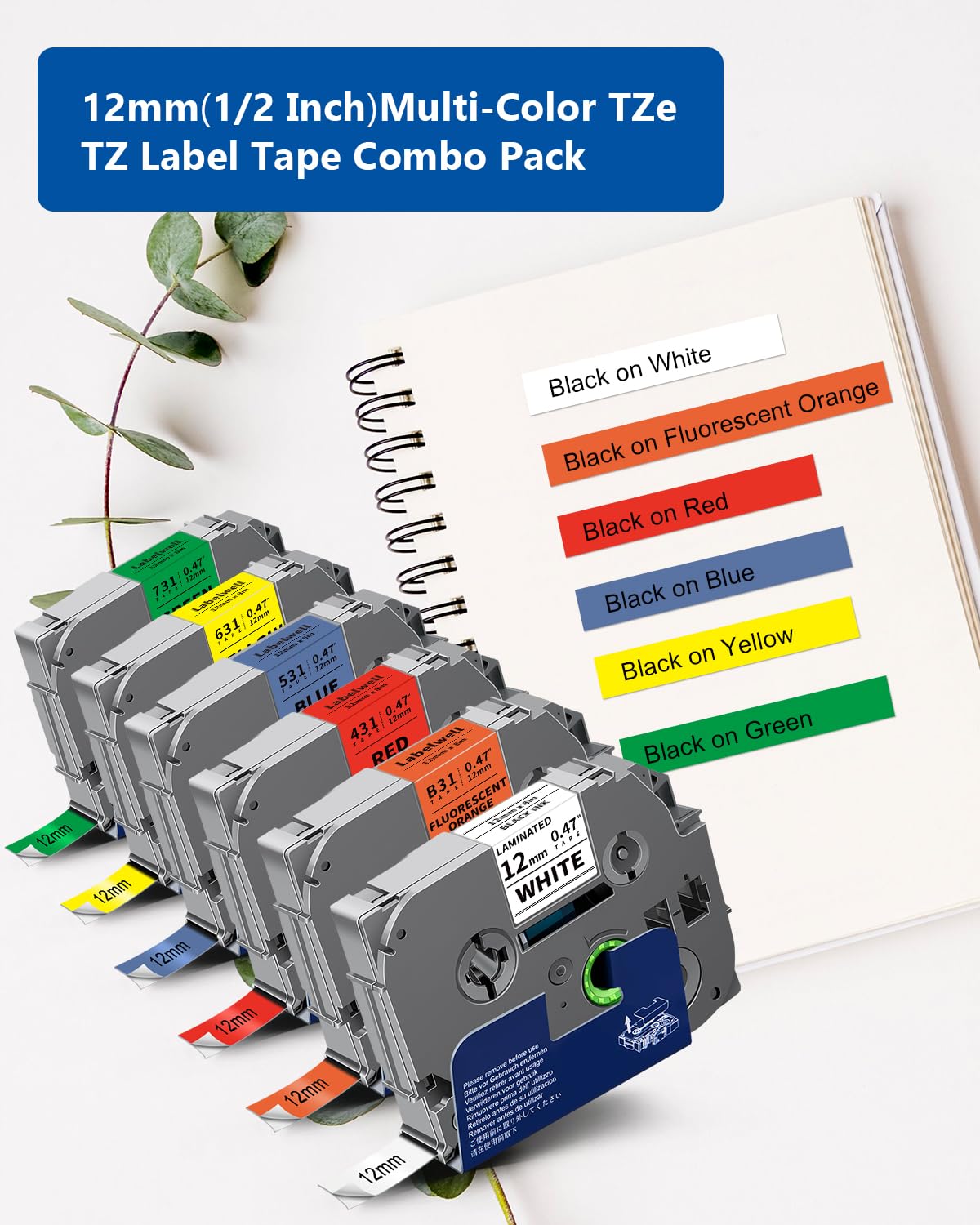 Labelwell 6-Pack TZe-231 TZ Tape 12mm 0.47 Laminated Multi-Color 1/2"