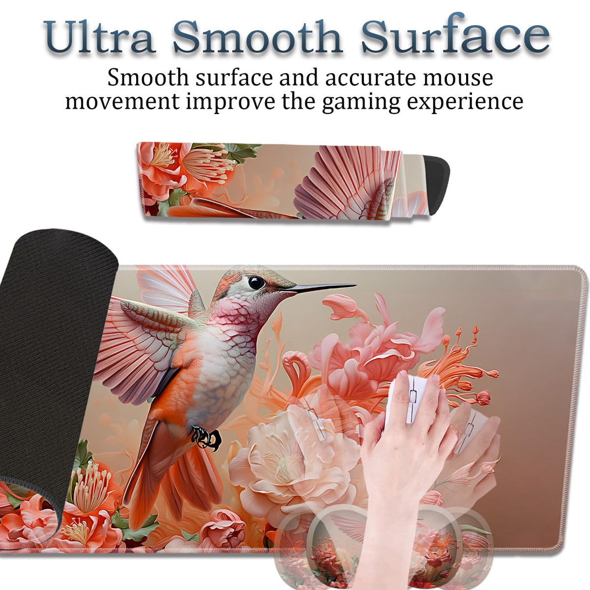 HTTYYTRYT 3-Piece Hummingbird Pink Mouse Pad Set, Including Wrist Support Pad and Cup Holder, with