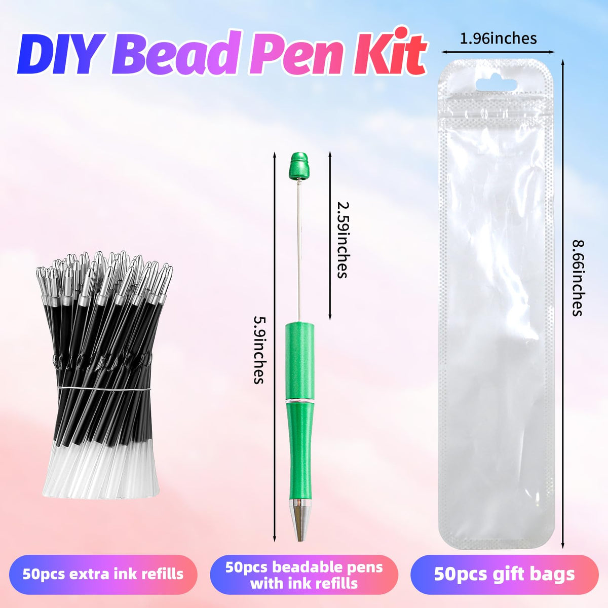 DASTTUIS 150 Pieces DIY Beadable Pens Kit - 50 plastic Beadable Pens Bulk, Refills & pen bags