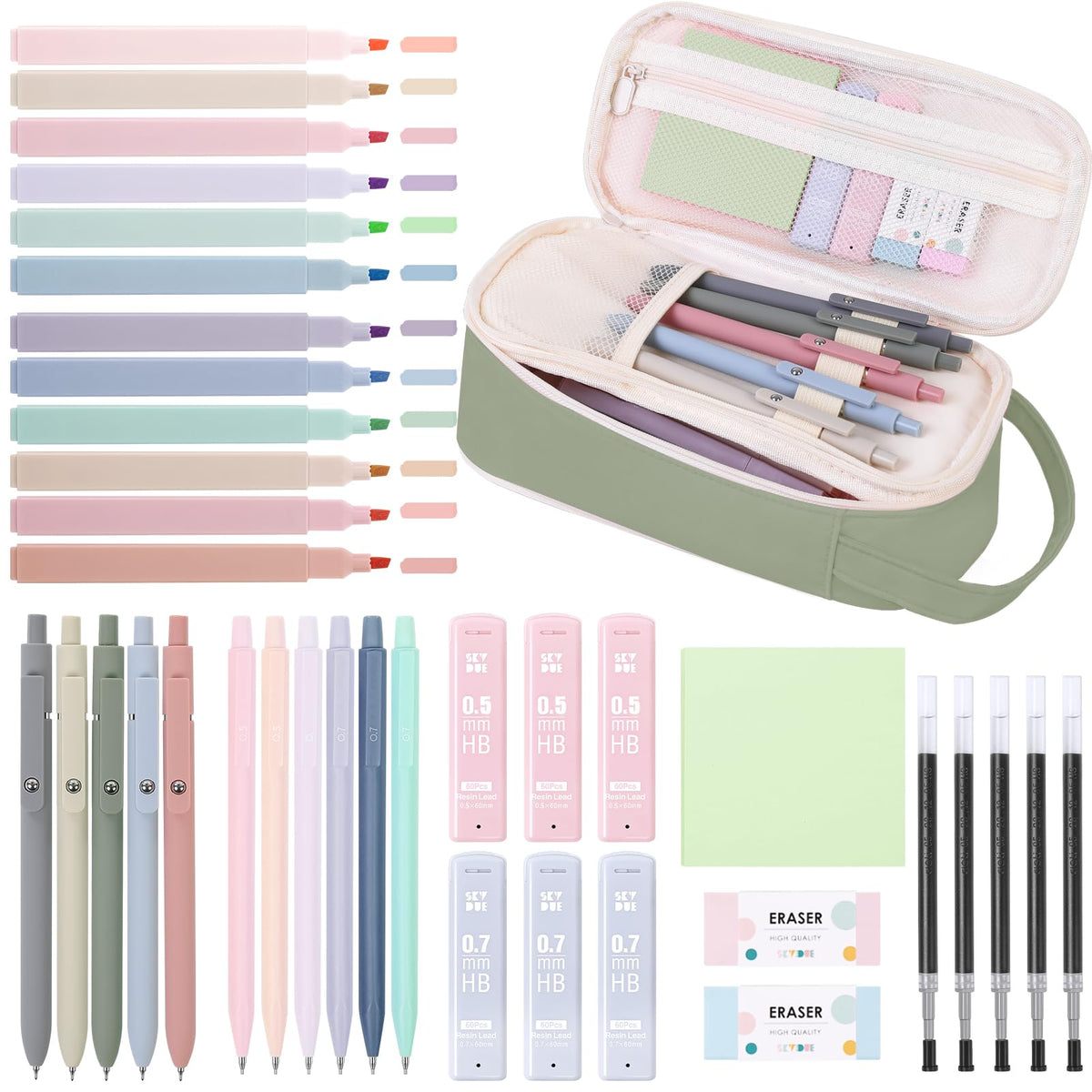 SKYDUE Aesthetic School Supplies Kit, 38 PCS Stationery Set with Large Pencil Case, Pens