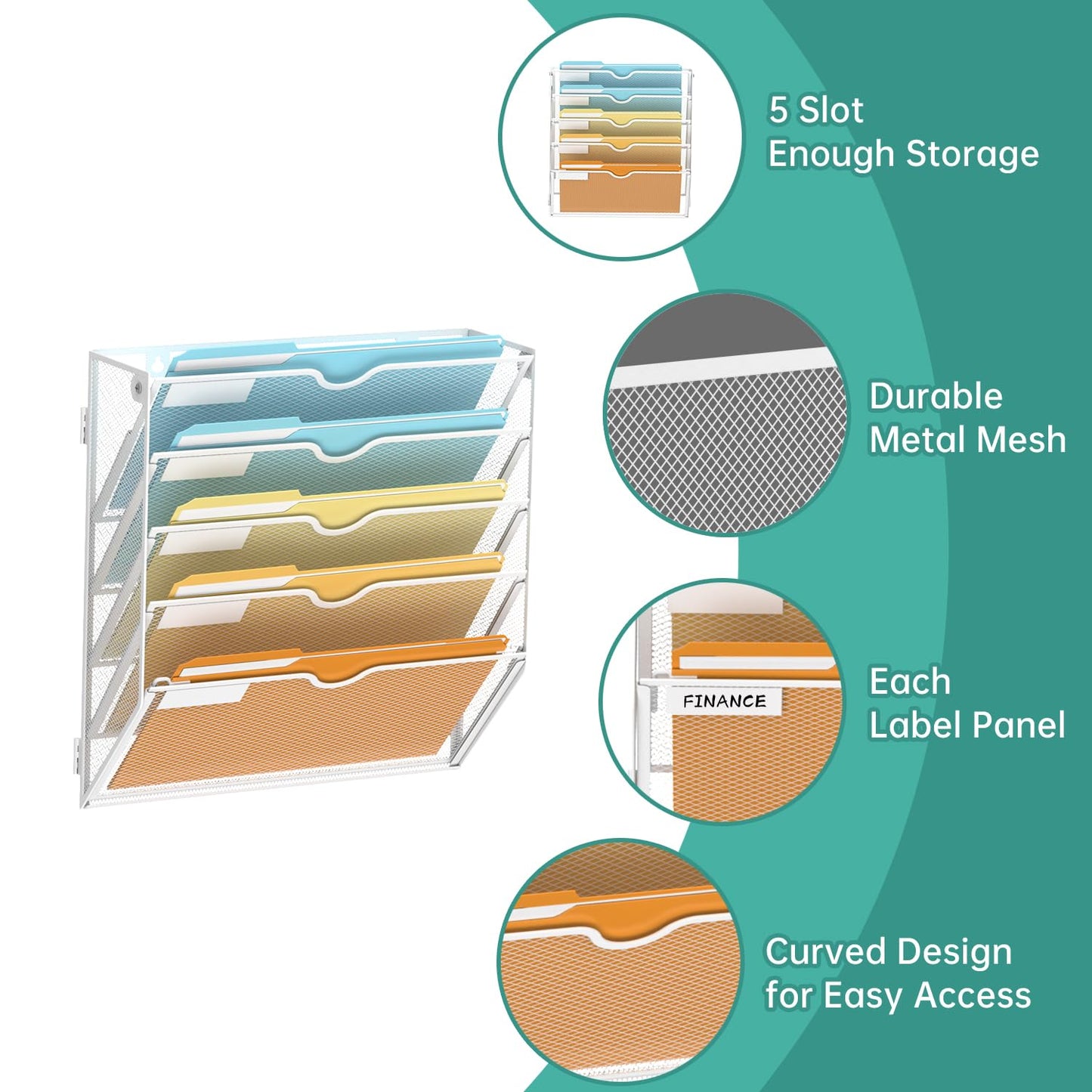 SUPEASY 5 Tier Wall File Organizer, Hanging Wall Mounted Mail Organizer with Label Slots, Metal