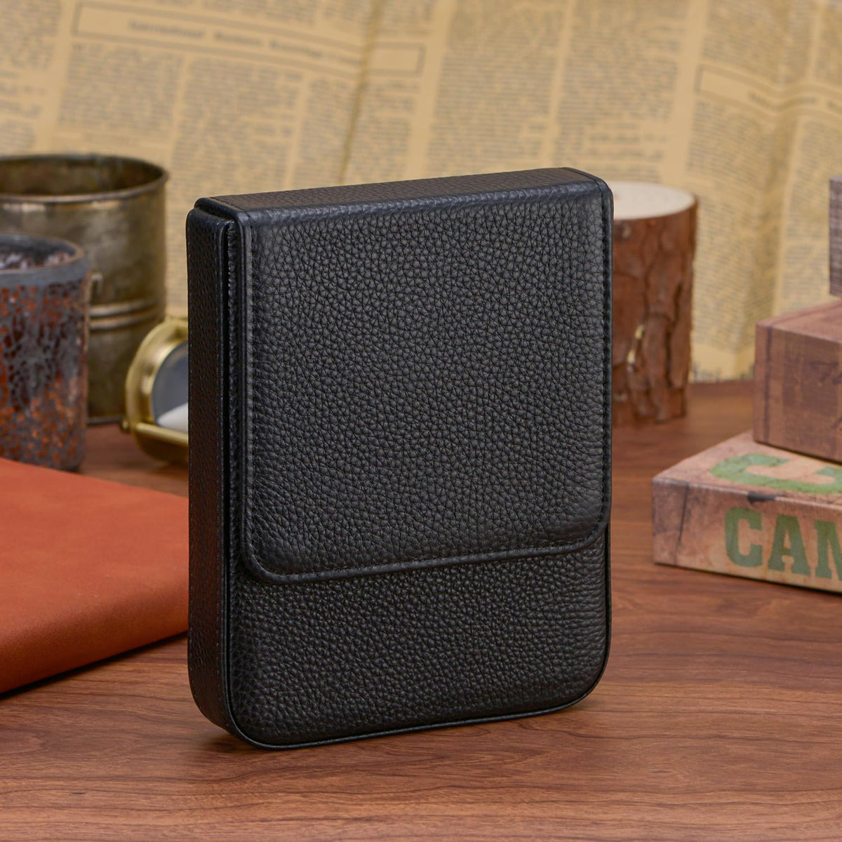 Lanxivi Genuine Leather Fountain Pen Case 6 Slot Black Leather Organizer, Portable Pen Bag Pouch
