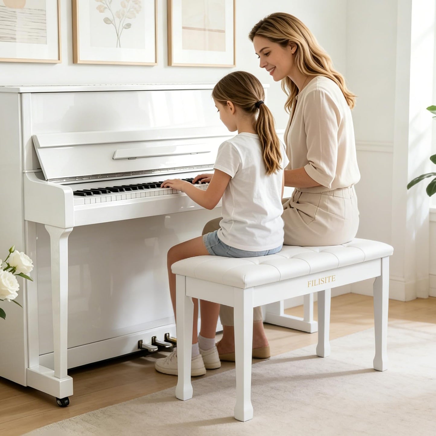 FILISITE Duet Piano Bench with Storage, Wooden Piano Stool with Waterproof Padded Cushion, Bench