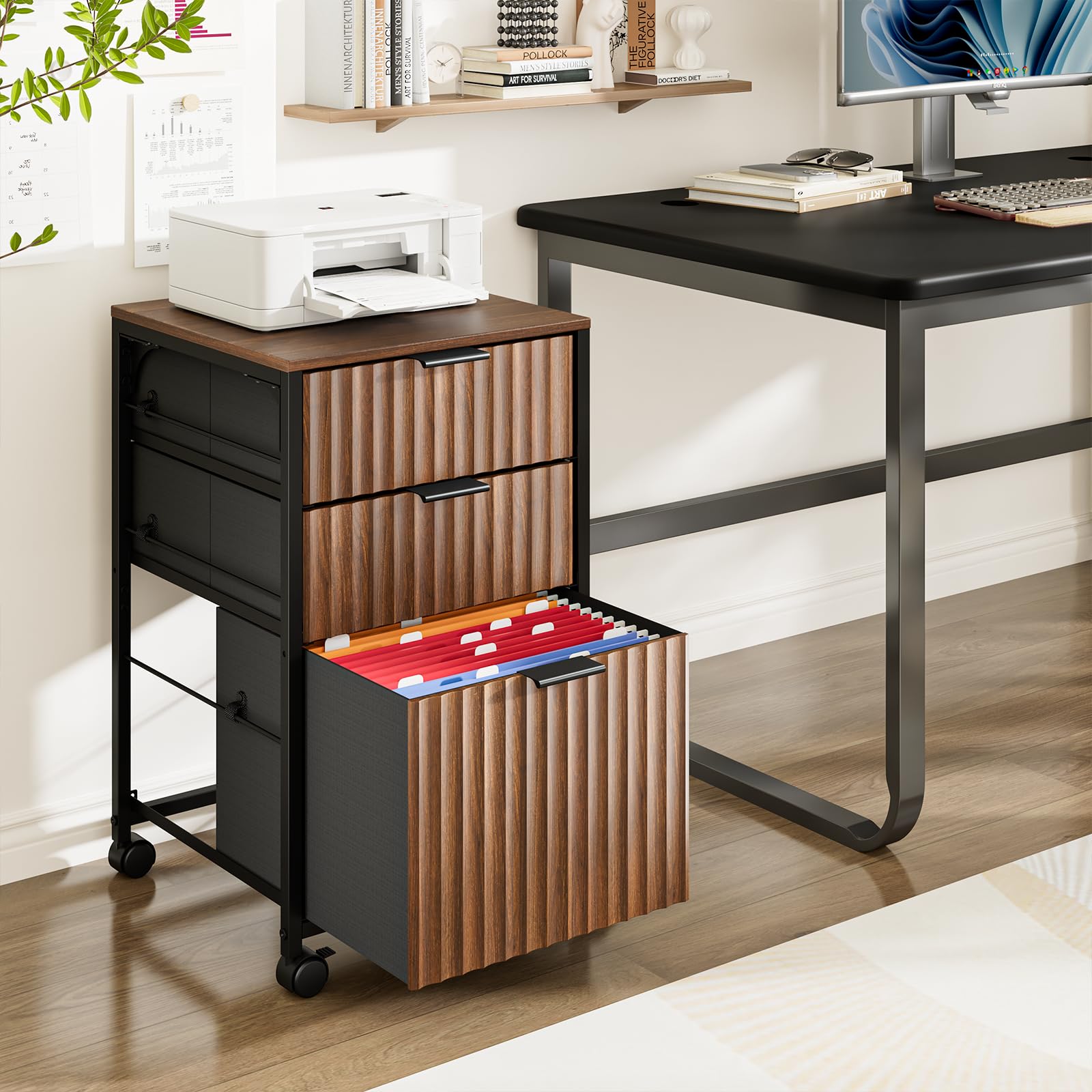 Bonnlo 3 Drawer Fluted File Cabinet, Rolling File Cabinet Mobile Under Desk File Cabinet with