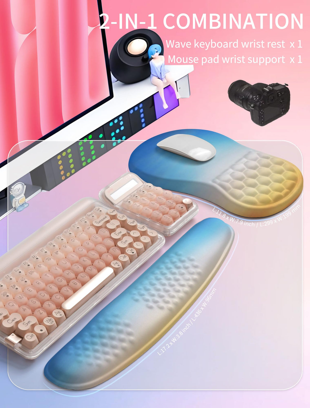 Hokafenle 2in1 Combination, Wave Keyboard Wrist Rest and Ergonomic Curvature Mouse Pad Wrist