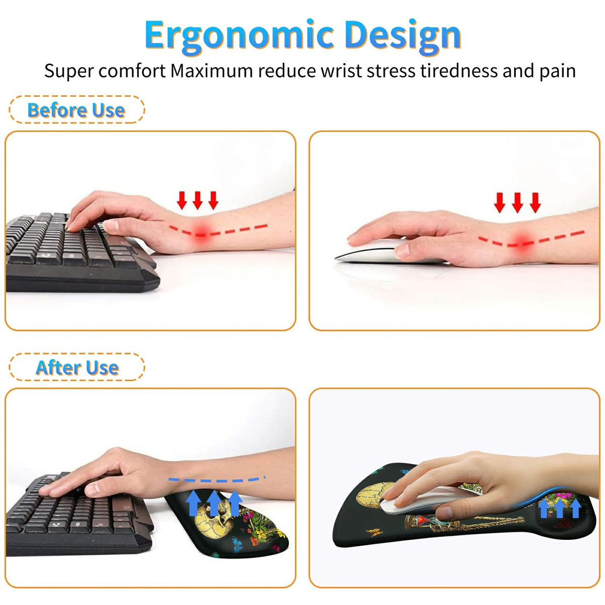 Ergonomic Memory Foam Keyboard Wrist Rest Pad Set, Flower Butterfly Skull