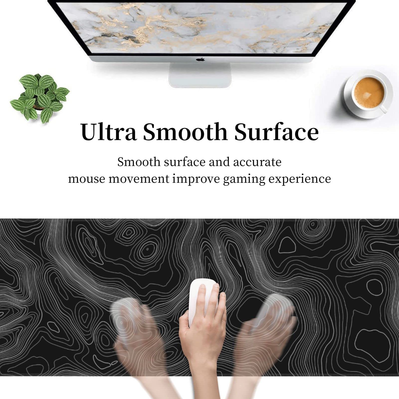 Topography Map Lines Contour Geographic Black XXL XL Large Gaming Mouse Pad for Desk, Non-Slip Long