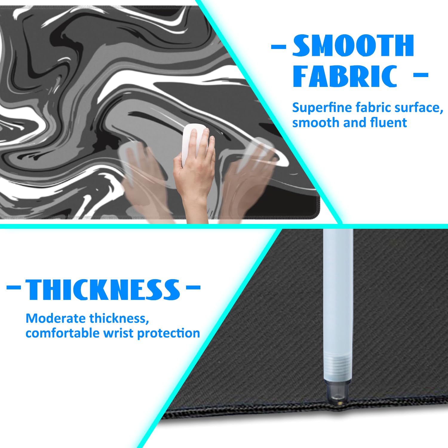 Desk Mat, Abstract Black White Ink Liquid Waves Extended Gaming Mouse Pad Large, 31.5"x11.8" Big