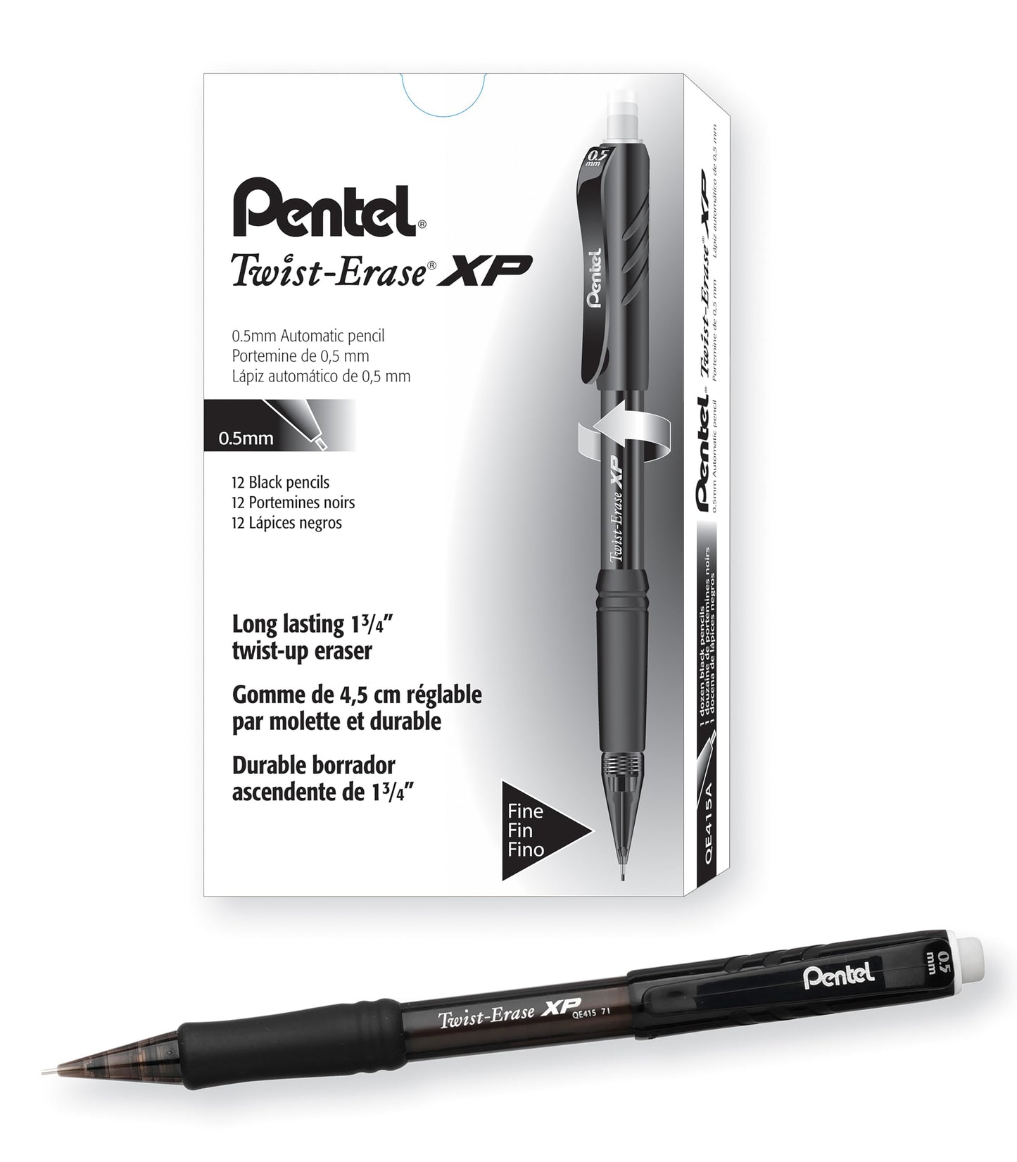 Pentel Twist Erase EXPRESS Automatic Pencil, 0.5mm Lead Size, Black Barrel, Box of 12 (QE415A)