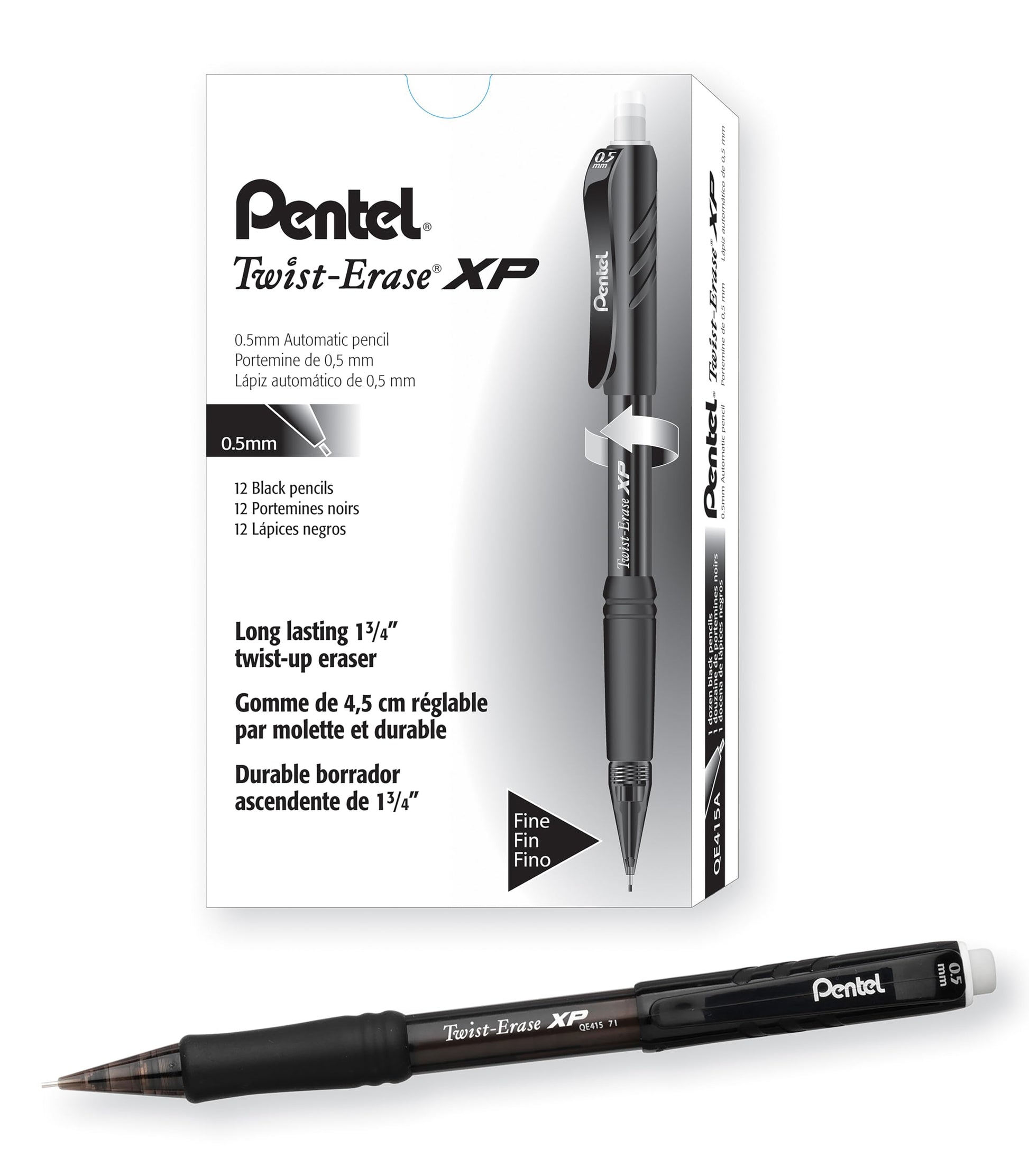 Pentel Twist Erase EXPRESS Automatic Pencil, 0.5mm Lead Size, Black Barrel, Box of 12 (QE415A)