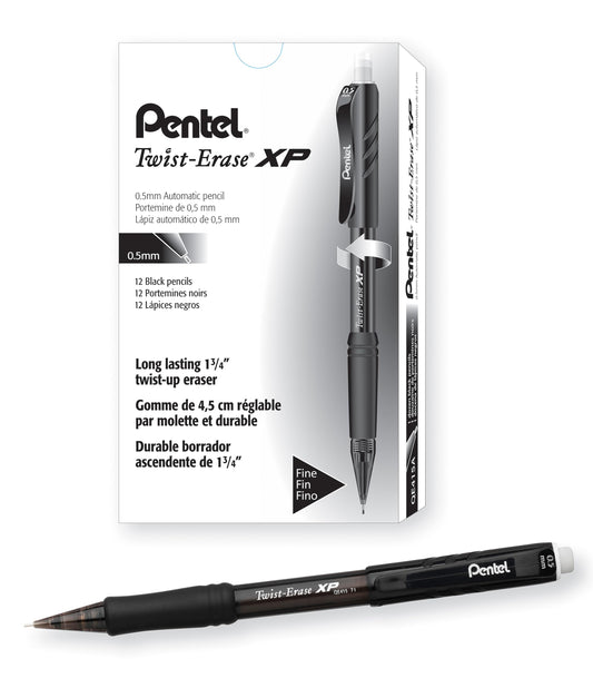 Pentel Twist Erase EXPRESS Automatic Pencil, 0.5mm Lead Size, Black Barrel, Box of 12 (QE415A)