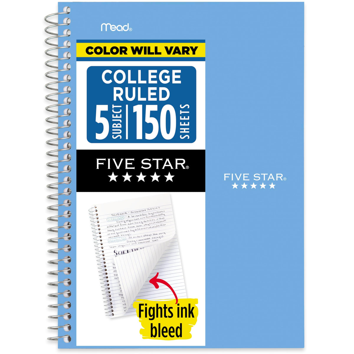 Five Star Small Spiral Notebook, 5 Subject, College Ruled Paper, 180 Sheets, 9-1/2" x 6", Color