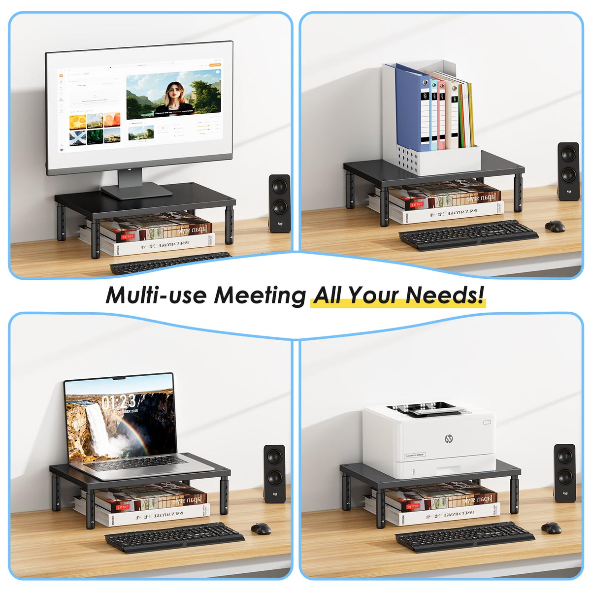 ECOLOVI Adjustable Wood Computer Monitor Stand Riser, Office Desk Organizer and Accessories for