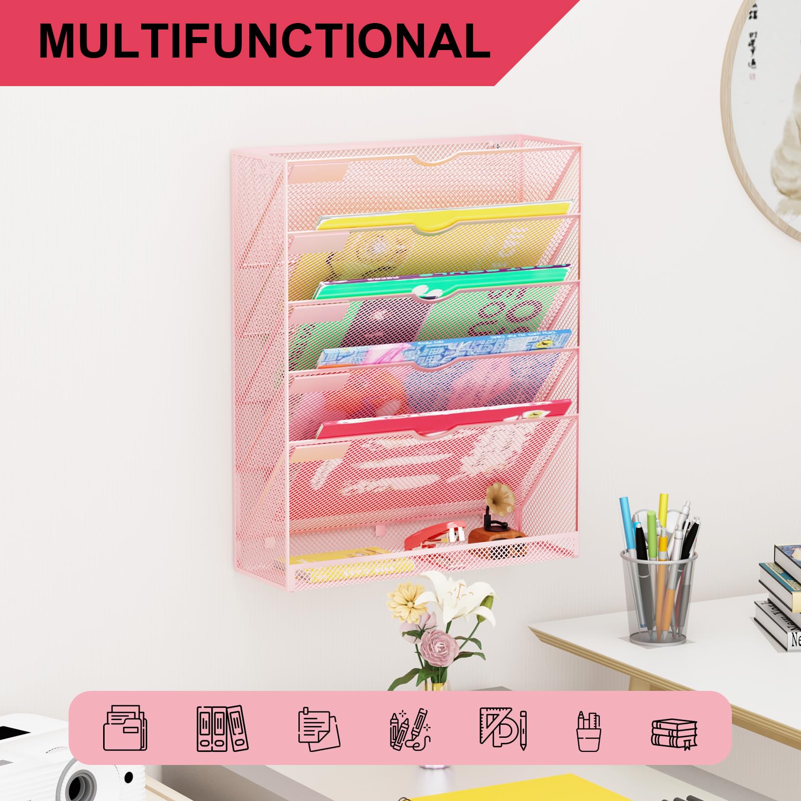 GDINDINFAN Hanging Wall File Organizer 6 Tier Wall Mounted Mail Paper Folder Holder Document