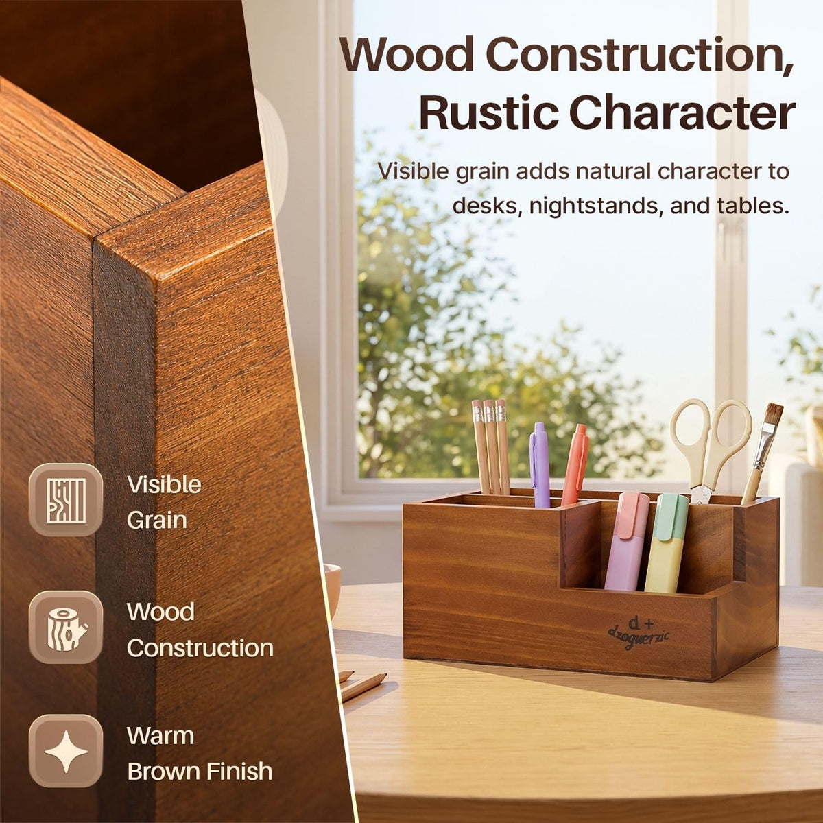 Flexzion Rustic Wooden Pencil Holder for Office - 3 Slots - Desk and Table Storage Organizer