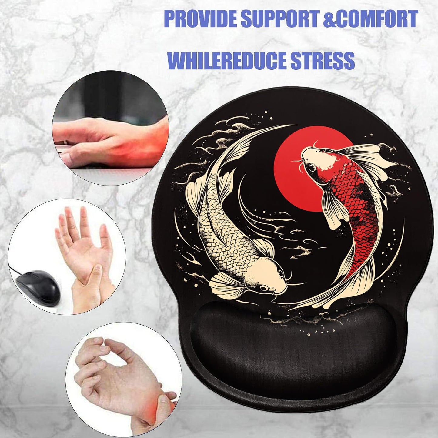 Koi Fish Mouse Pad with Wrist Support Ergonomic Mousepad Wrist Rest Carp Gel Mouse Mat Gaming