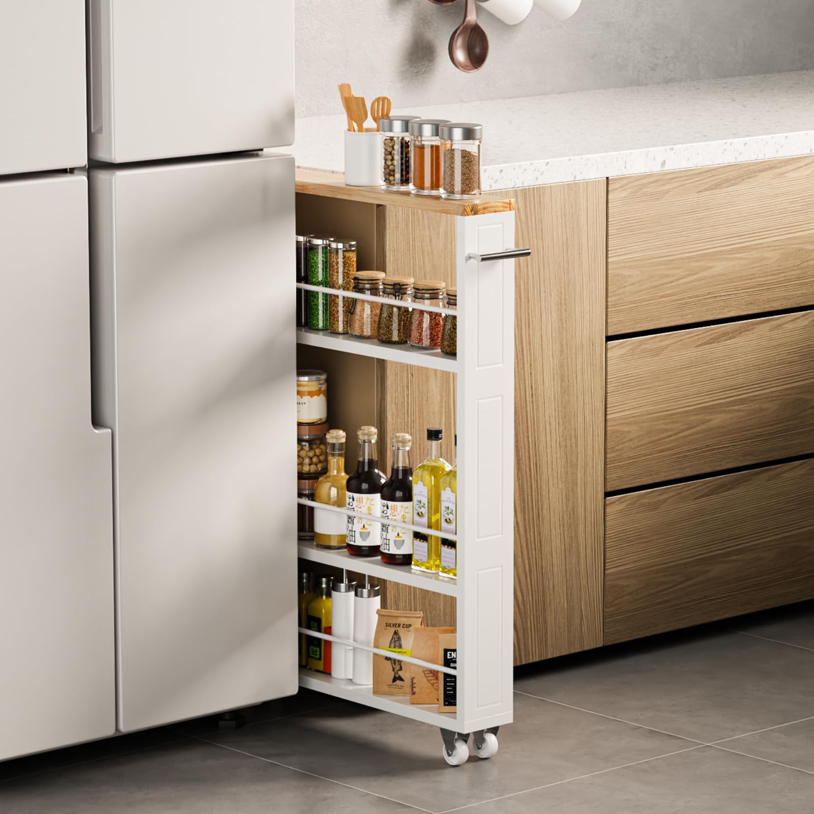KLM 4 Tier White Slim Storage Cart with Handle, Slide Out Storage Rolling Utility Cart for Kitchen