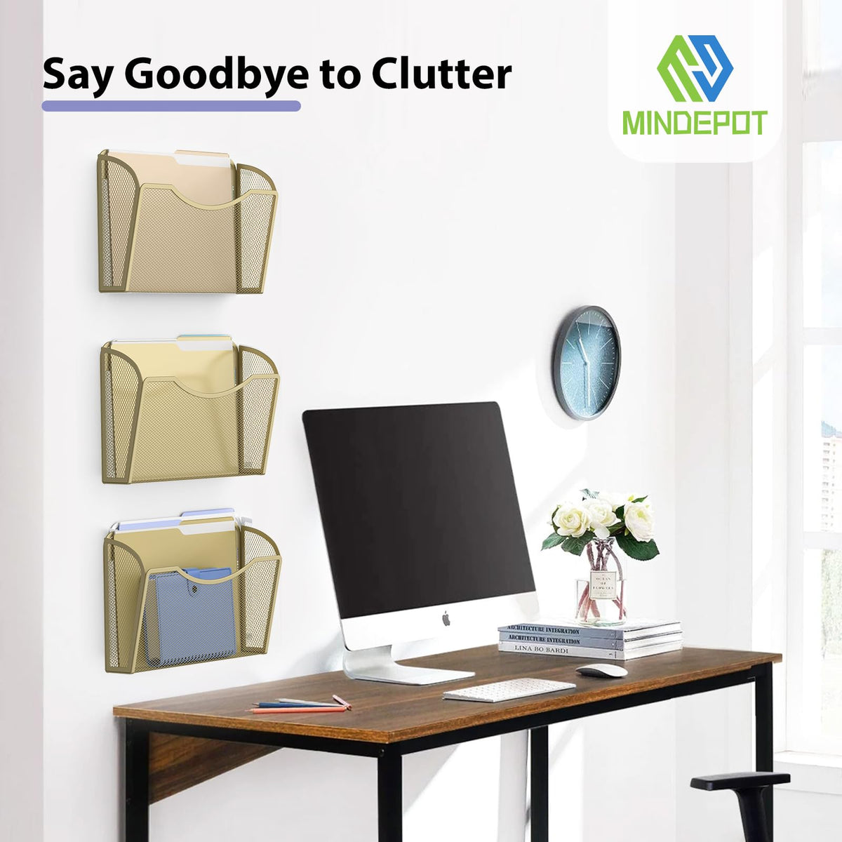 MINDEPOT Wall File Organizer, Hanging Wall File Holder, 3 Pack, Gold