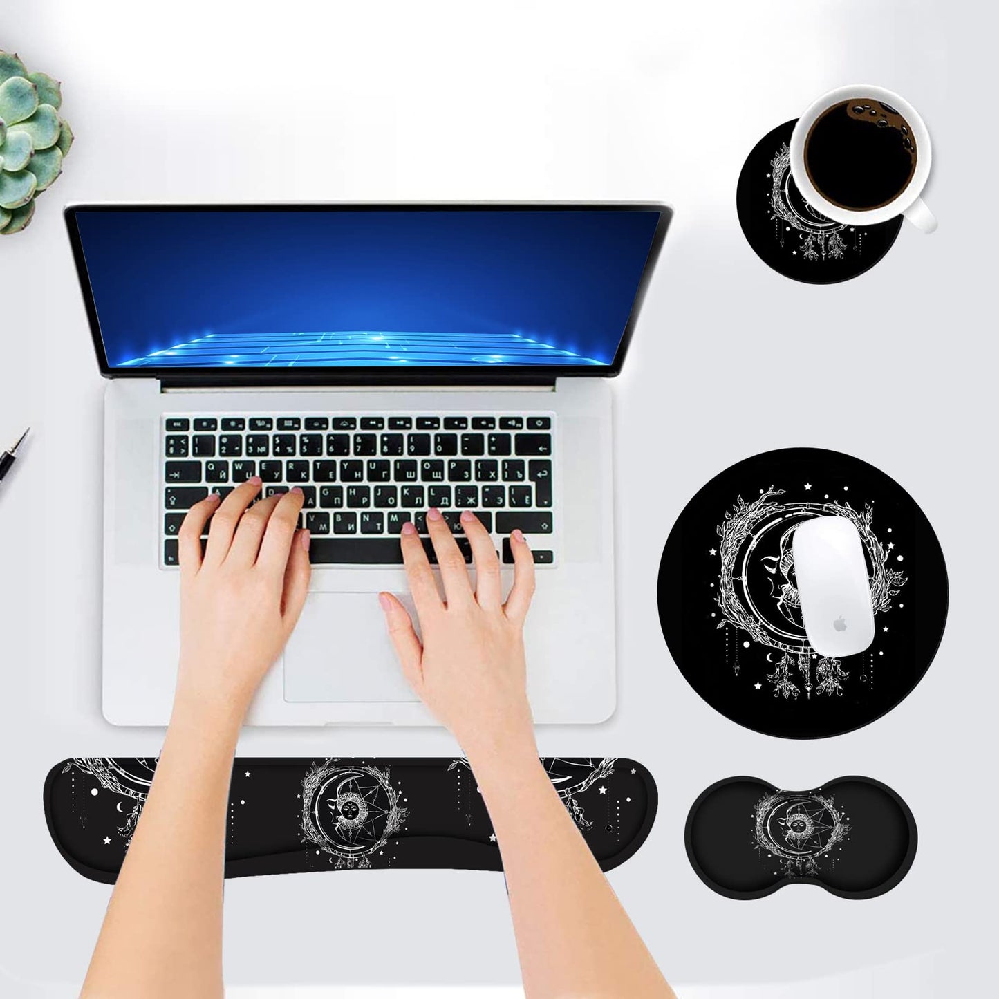 Keyboard Wrist Rest and Mouse Pad Wrist Rest Set with Coasters [4Pcs], Ergonomic Support, Non-Slip