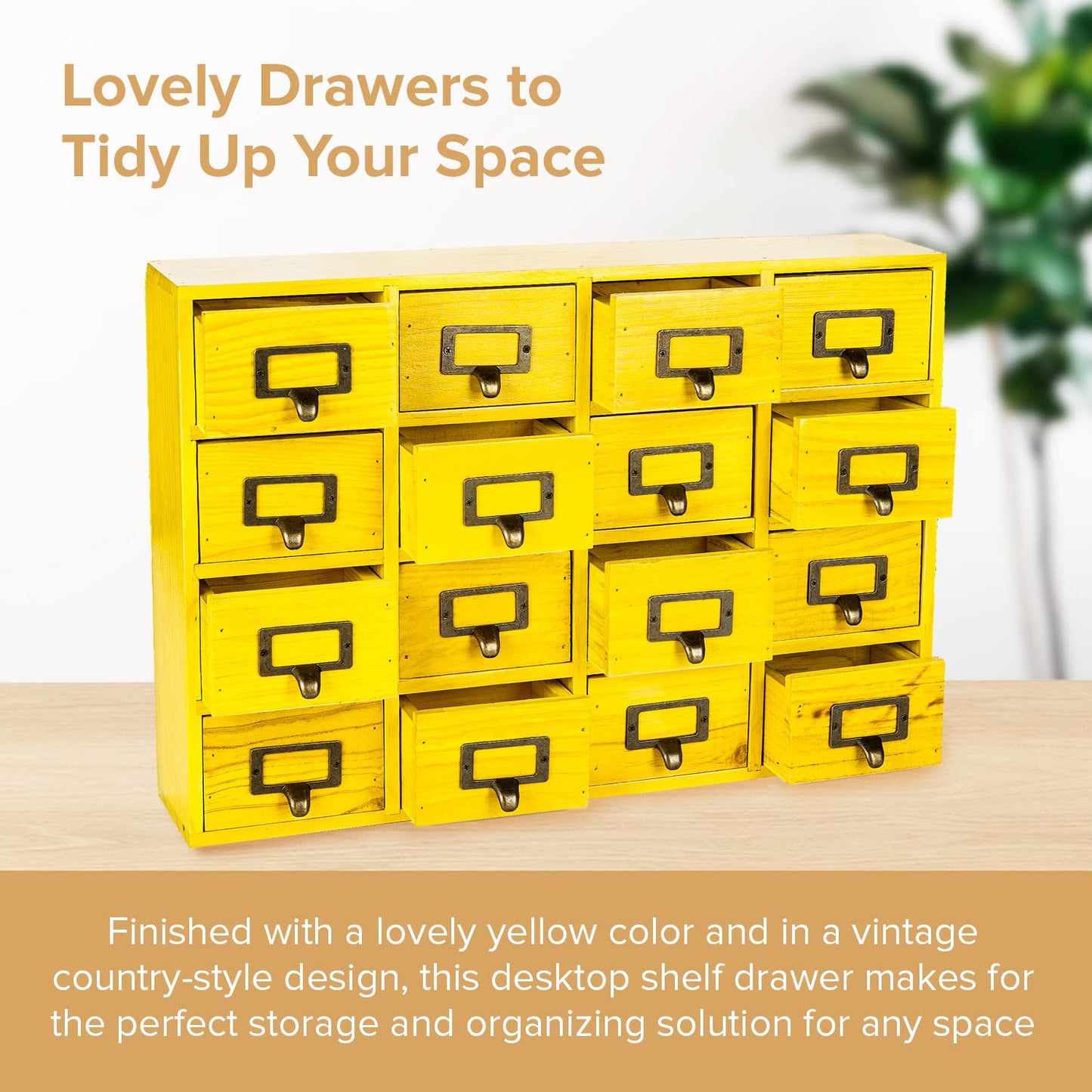 Yellow 16-Slot Wooden Drawer Unit - Country Style Desk Organizer - 20"x3.6”x14” Wooden Storage Box