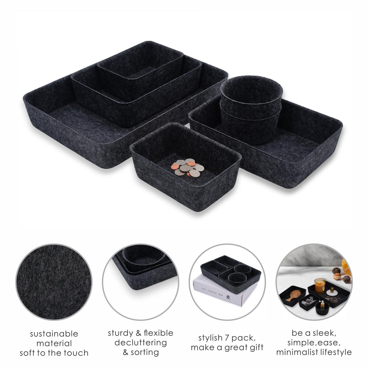 Welaxy Felt Drawer Organizer Bins 7-Piece Carbon Desk Storage Trays