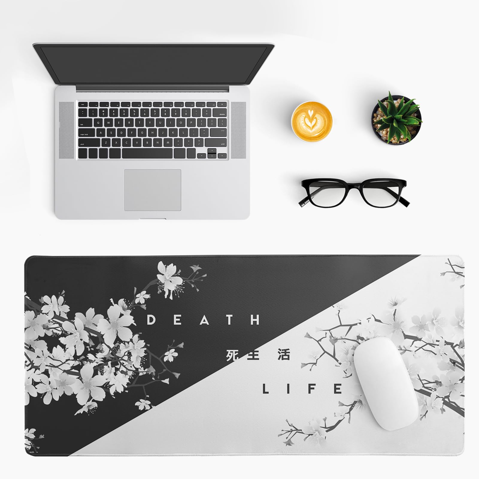 Black and White Mouse Pad 31.5 X 11.8 Inch Japanese Cherry Blossom Extended Large Mouse Mat