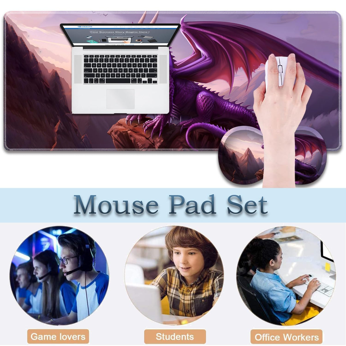 3-Piece Purple Dragon Mouse Pad Set, Including Wrist Support Pad and Cup Holder, with Waterproof