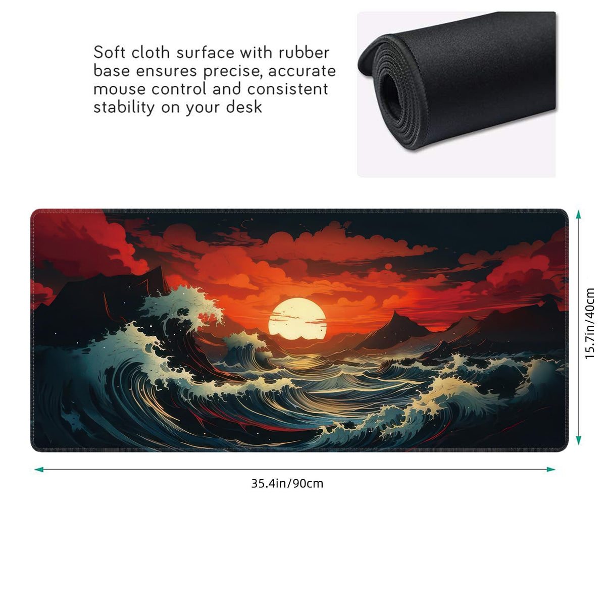 Japanese Sea Wave Large Mouse Pad,Gaming Keyboard Desk Pad,Extended Mouse Mat Non-Slip Rubber Base