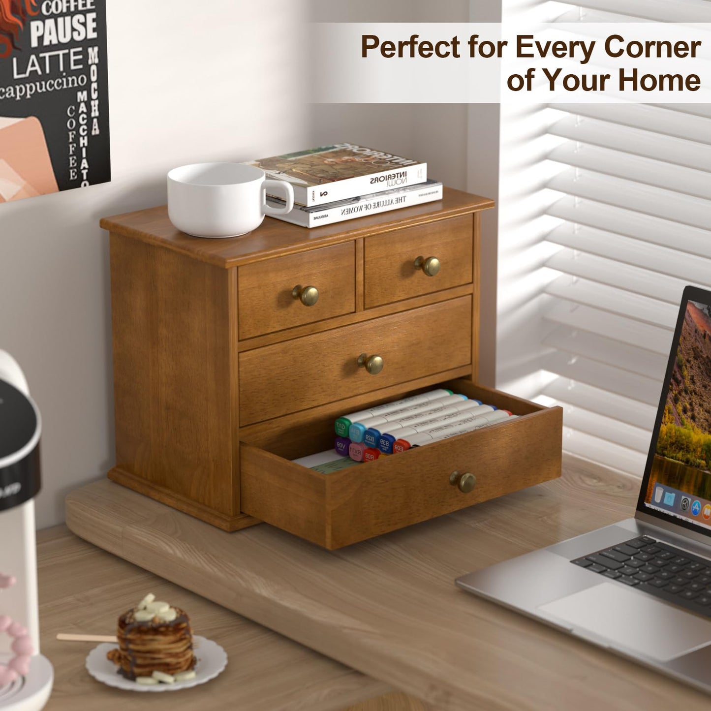 Oak Desk Organizer with Drawers, Durable Wooden Desktop Storage Box