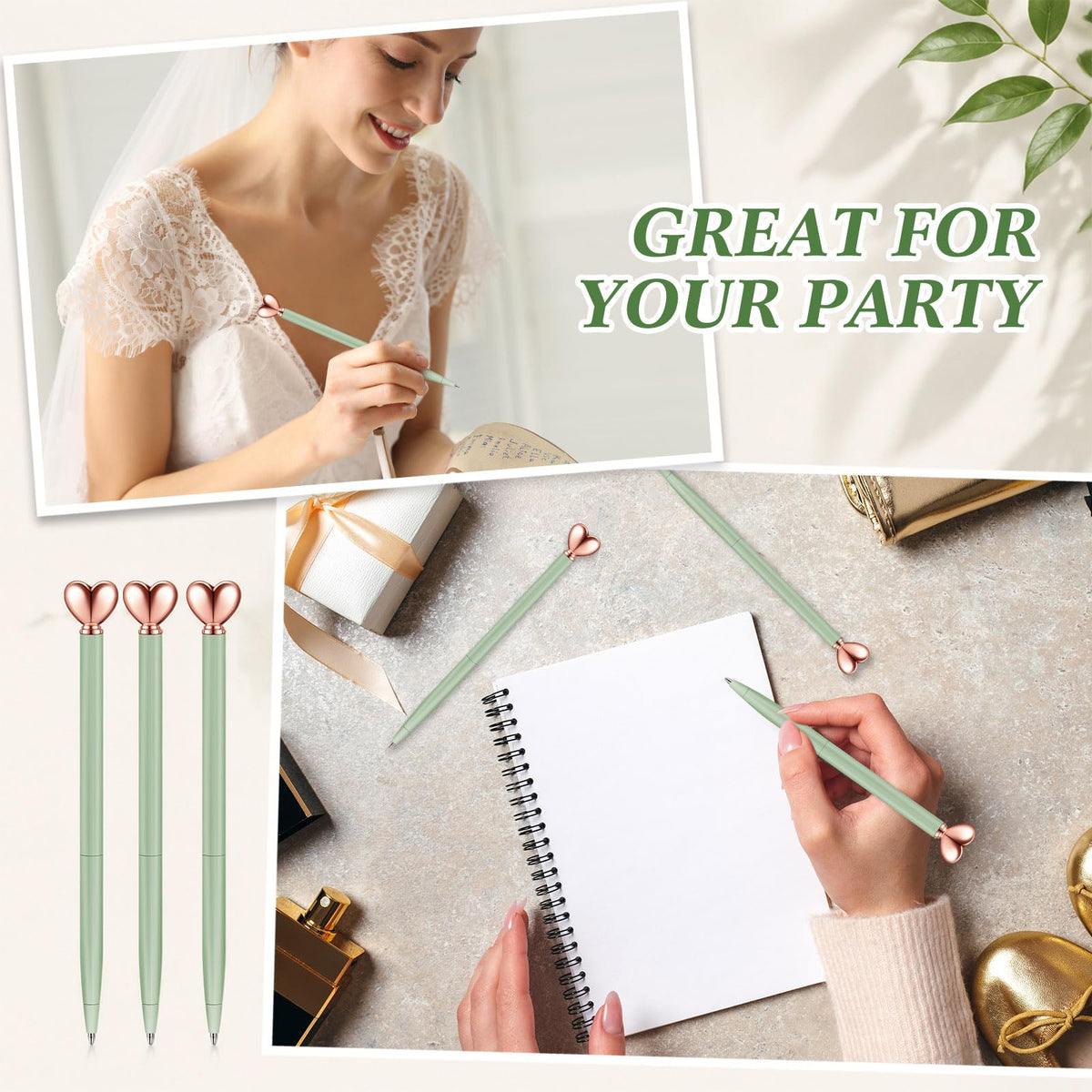 Thenshop Sage Green 24 Pcs Heart Shaped Pens Retractable Metal Cute Pens 1.0 mm Black Ink Ballpoint
