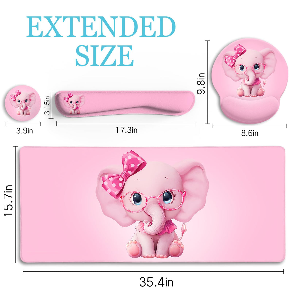 LIMKRIAN Elephant Mouse Pad Large Desk Mat Set, Kawaii Pink Desk Decor