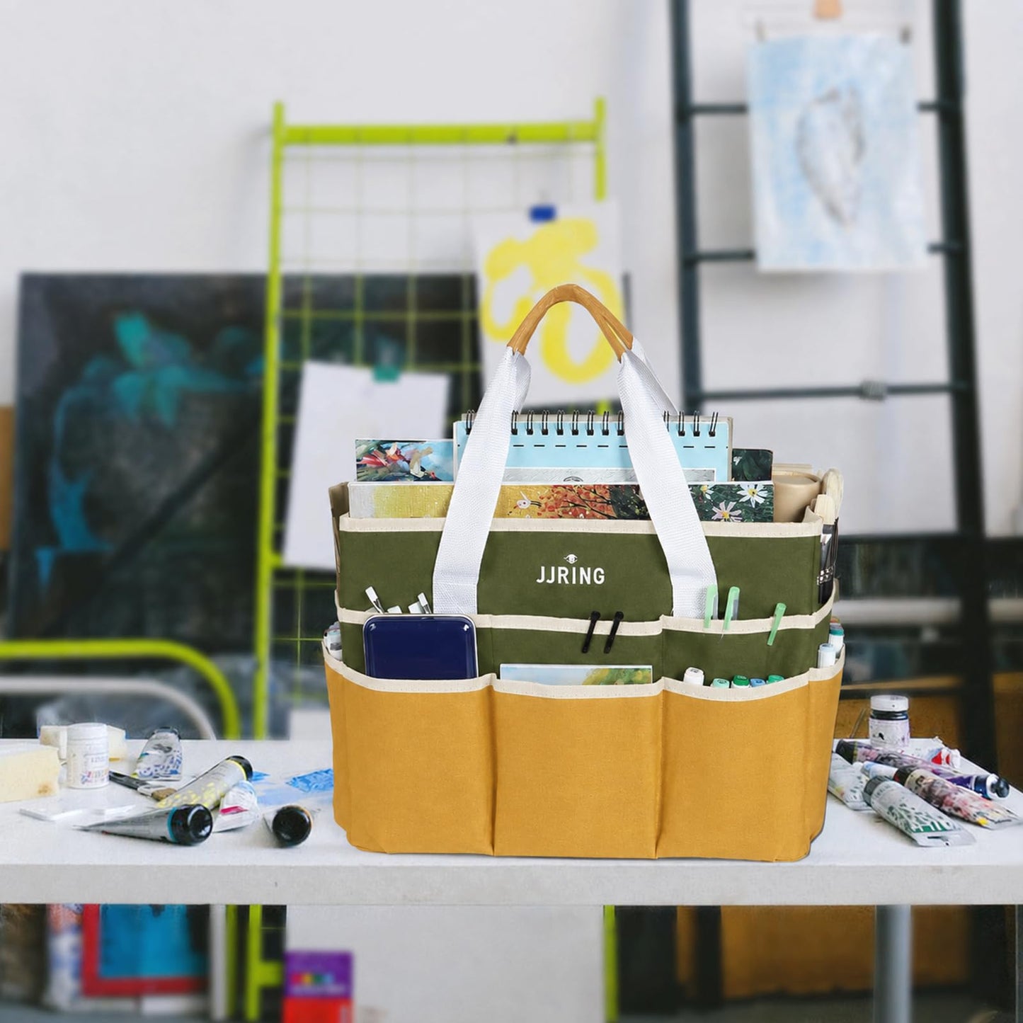 JJRING Craft Organizer Tote Bag Large Art Storage Caddy Dark Green&Brown