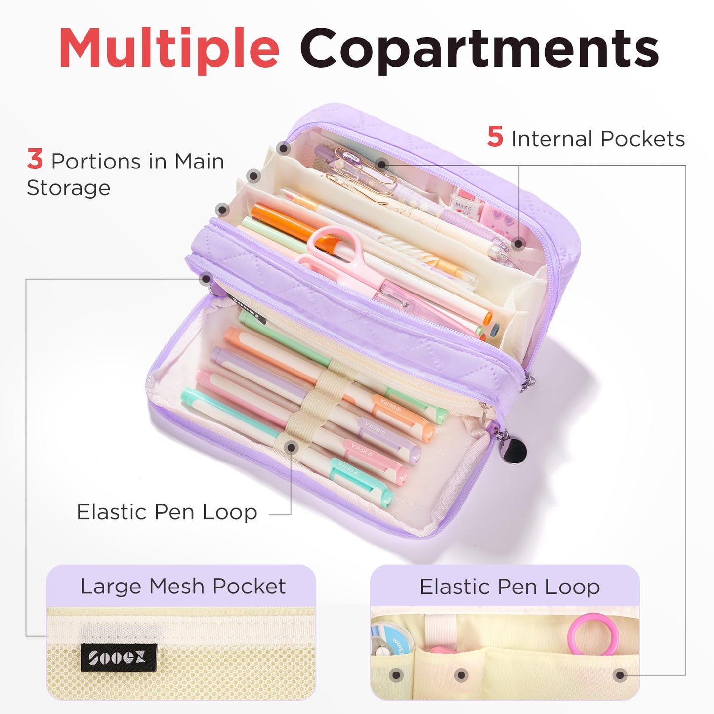 Sooez Large Pencil Case Pouch, Extra Big Pencil Bag with 8 Compartments, Pen Bag Wide Opening, Soft