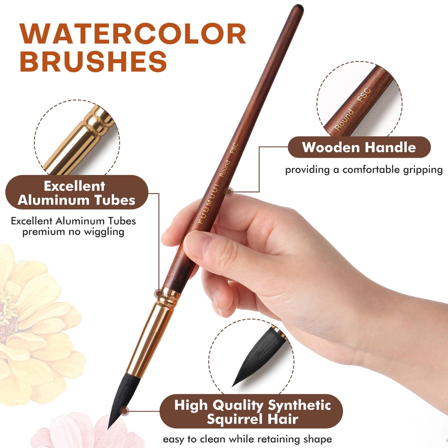Watercolor Brushes Professional, Fuumuui 10Pcs Synthetic Squirrel Hair Water Color Paint Brush Set