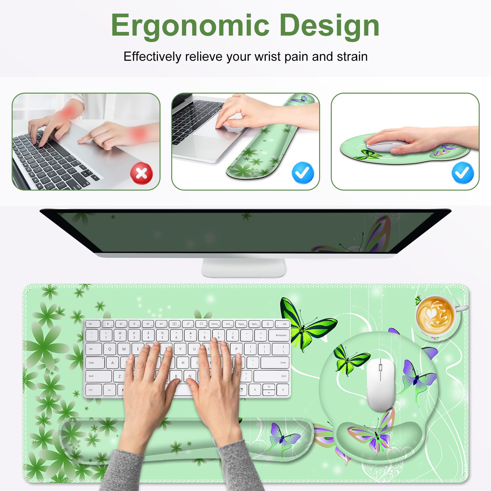 Mint Green Butterflies Florals Mouse Pad, XXL Large Desk Mat Extended Reading Desk pad, 4PCS